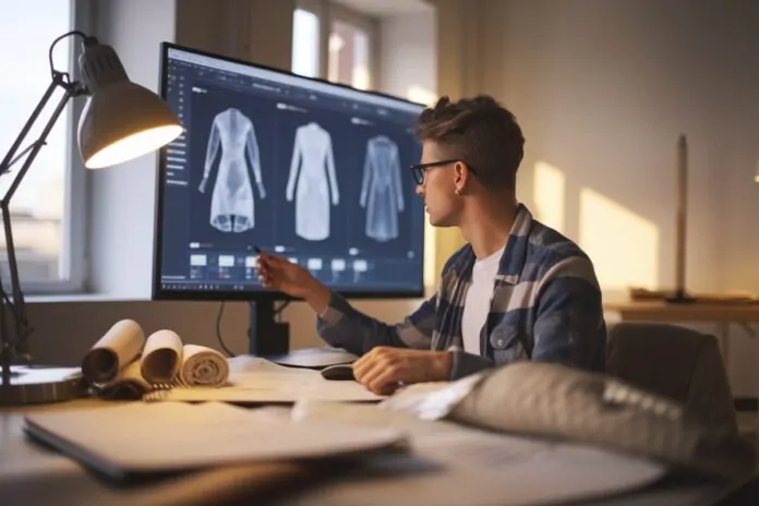 Designer mode face aux prototypes IA Une styliste analyse des prototypes de vêtements générés par IA en studio