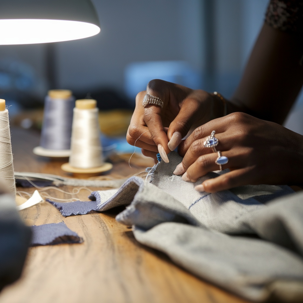 Couturière répare un vêtement en coulisses à la Nairobi Fashion Week