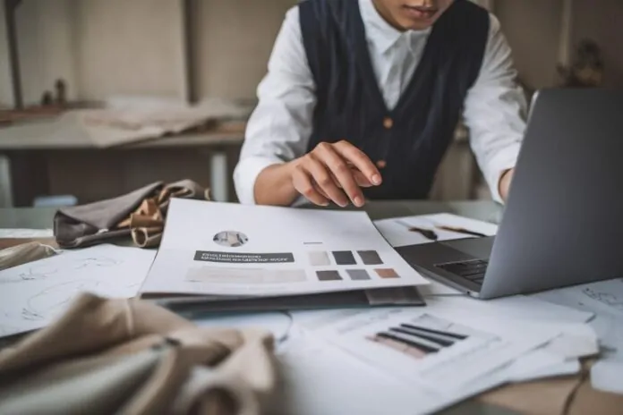 Candidatures E-Fashion Awards 2026 Un dossier de mode durable avec croquis et échantillons sur une table