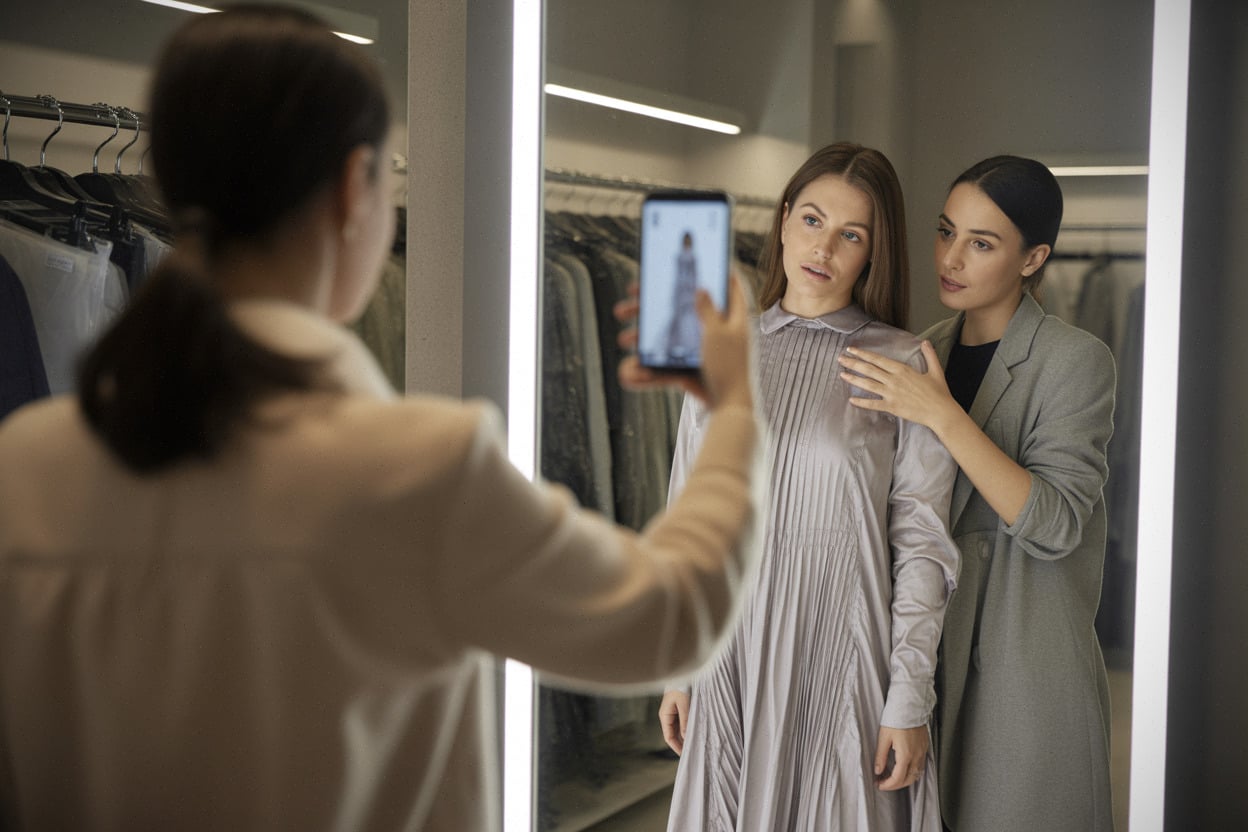 Essayage d’une robe longue fluide, vidéo sur smartphone en cabine