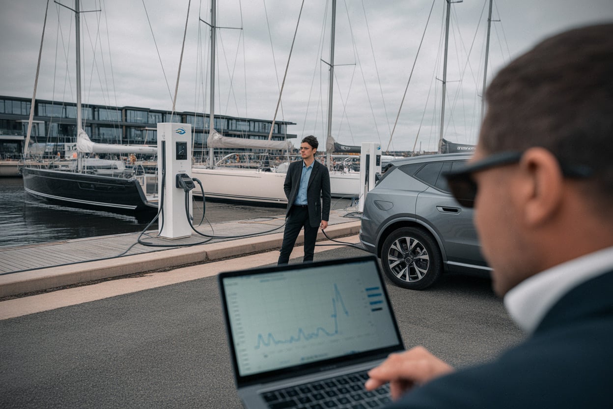 Bornes de recharge et bateaux électriques dans une marina contemporaine