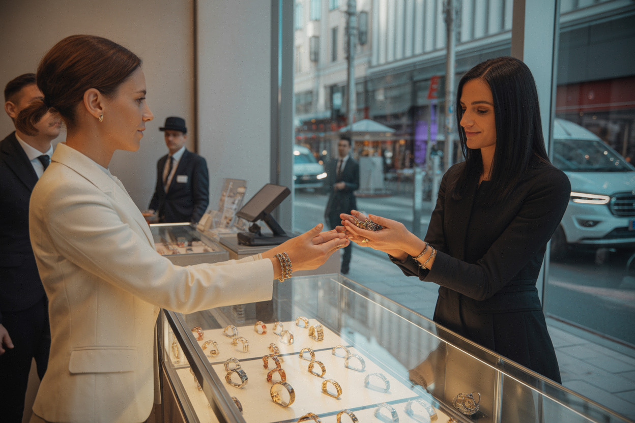 Présentation de bracelets Cartier en boutique, scène de vente discrète