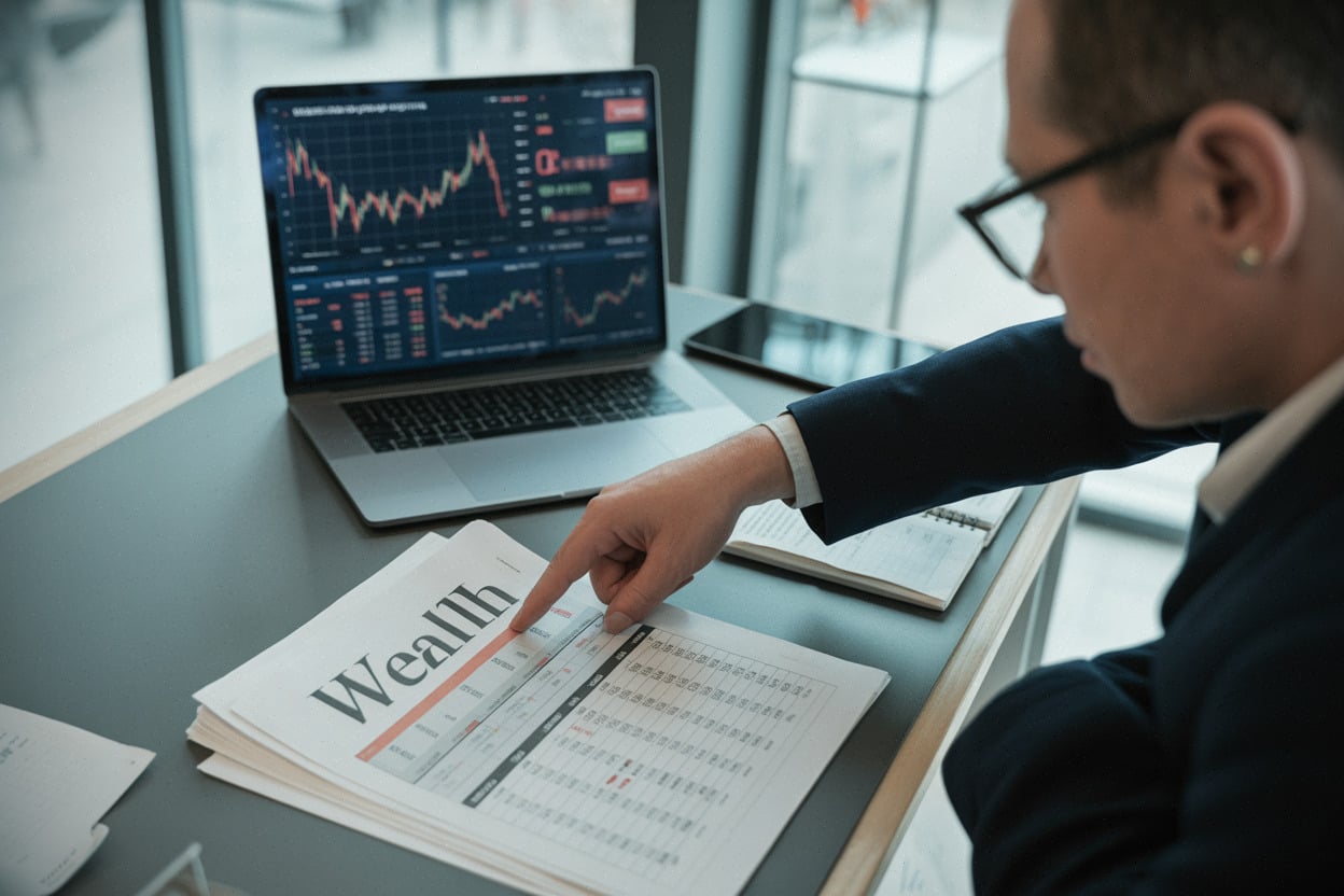 Journaliste vérifiant un classement de fortunes, données financières en arrière-plan