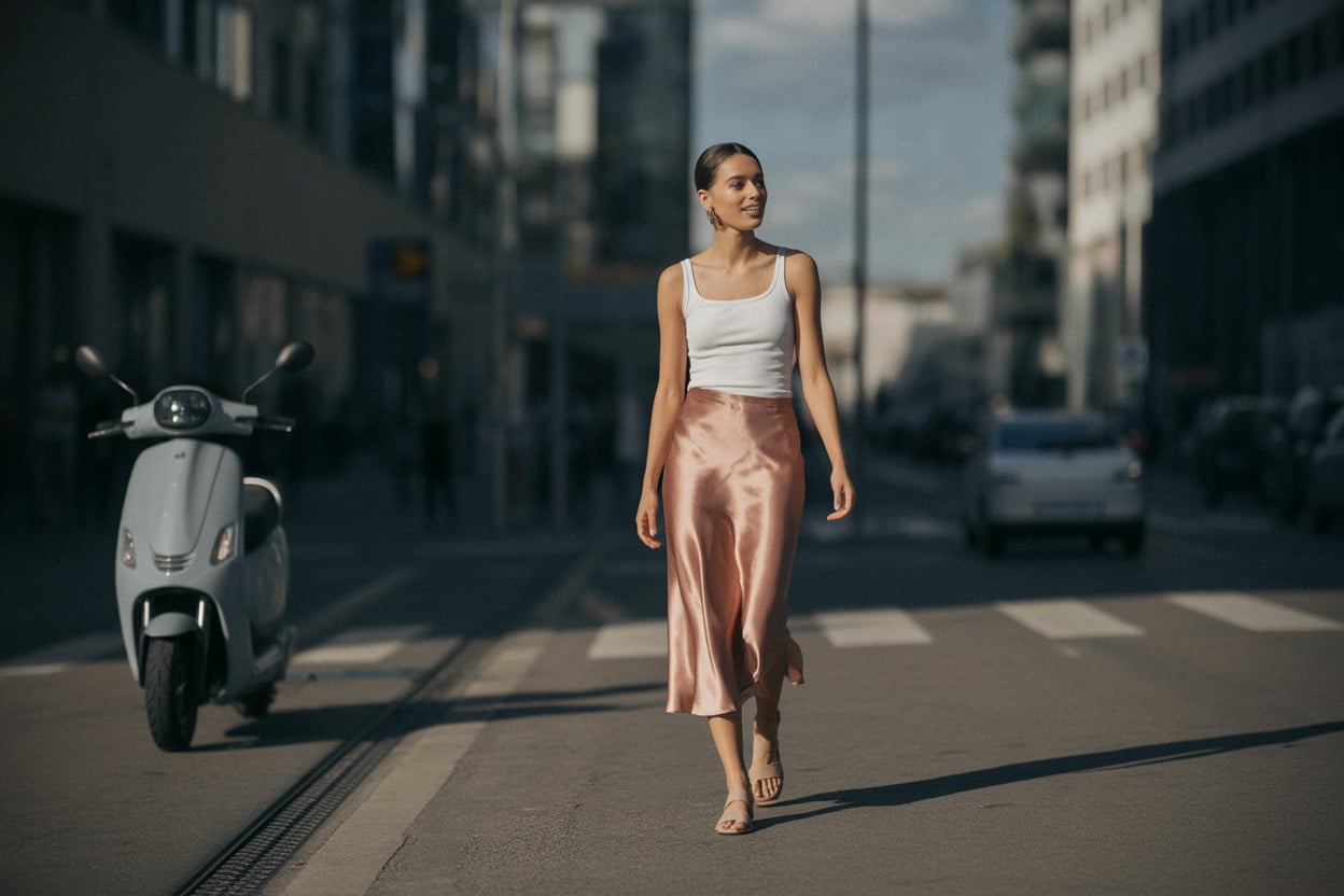 Silhouette estivale avec jupe satinée midi en ville en 2026