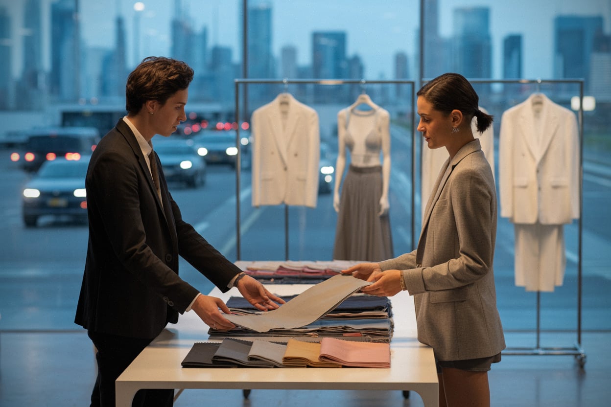 Rencontre B2B mode, présentation de tissus et négociation en showroom