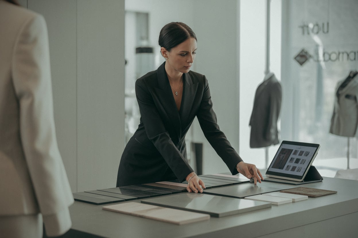 Eve, professionnelle du luxe, dans un showroom contemporain discret