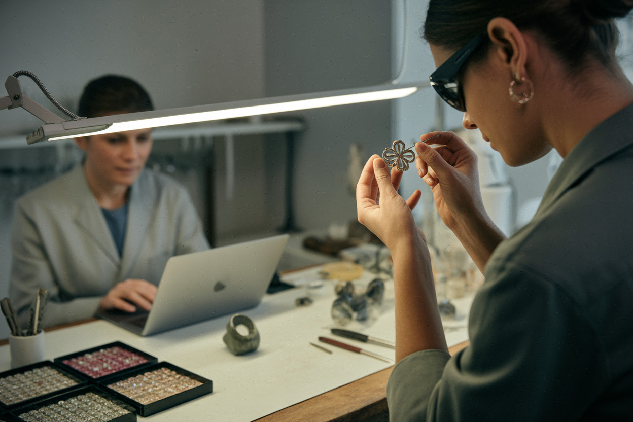 Atelier joaillier Van Cleef, contrôle qualité d’un pendentif Alhambra