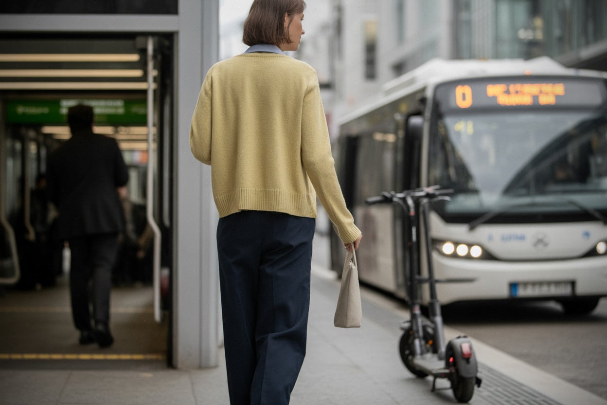 Look urbain, cardigan jaune beurre et pantalon marine pour la rentrée