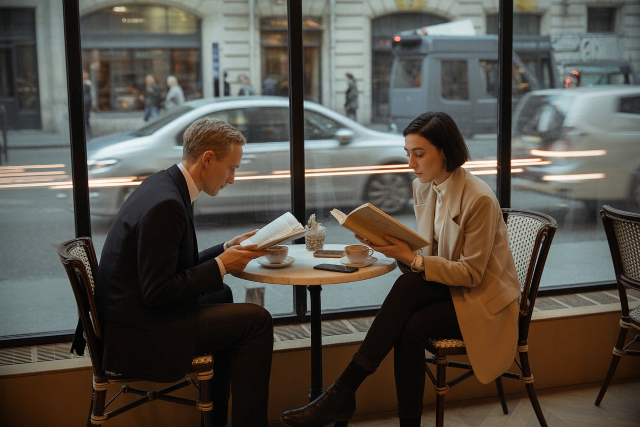 Café en France, séance de lecture en public, ambiance calme sans écran