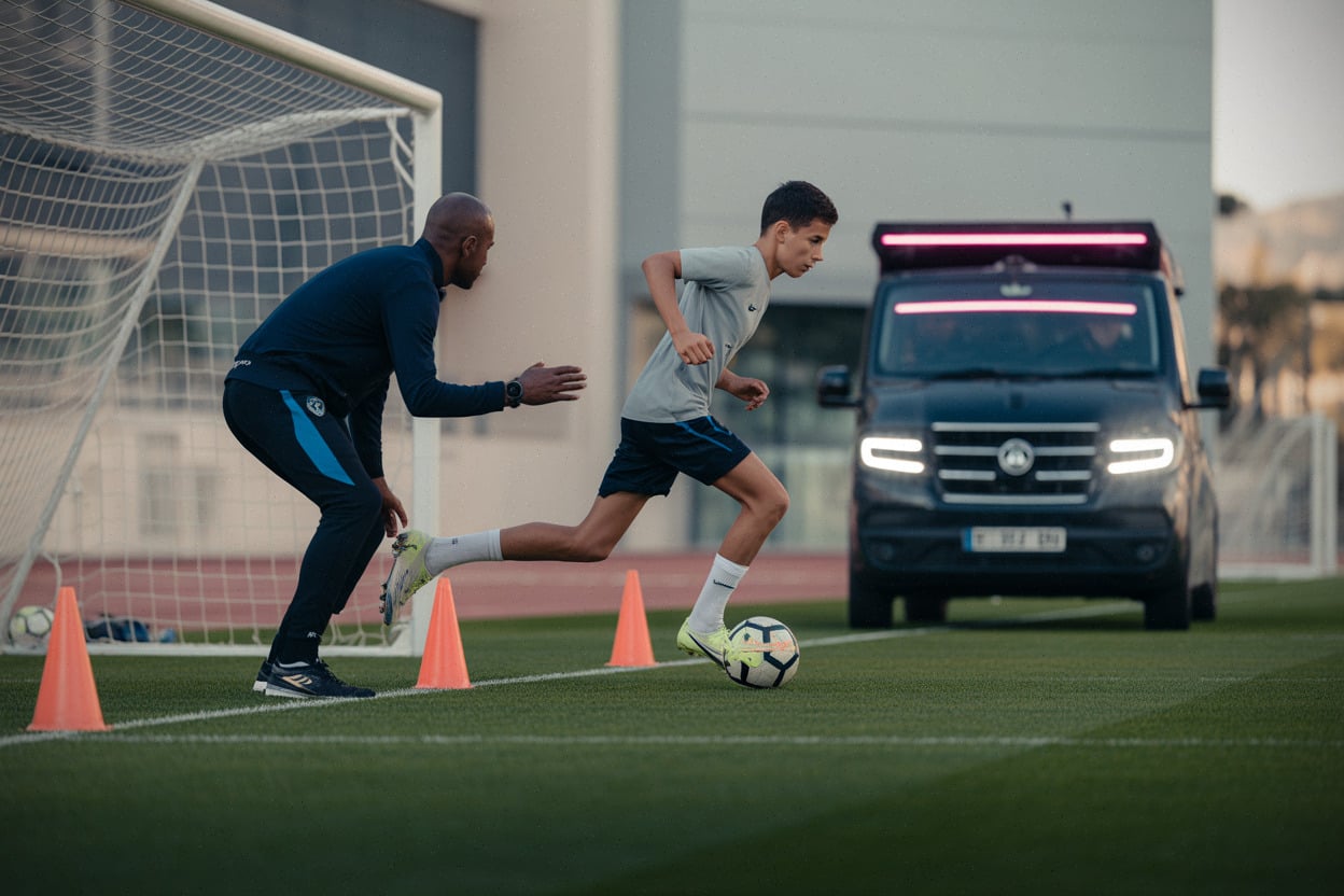 Ailier en exercice de dribble à l’entraînement, staff monégasque en observation