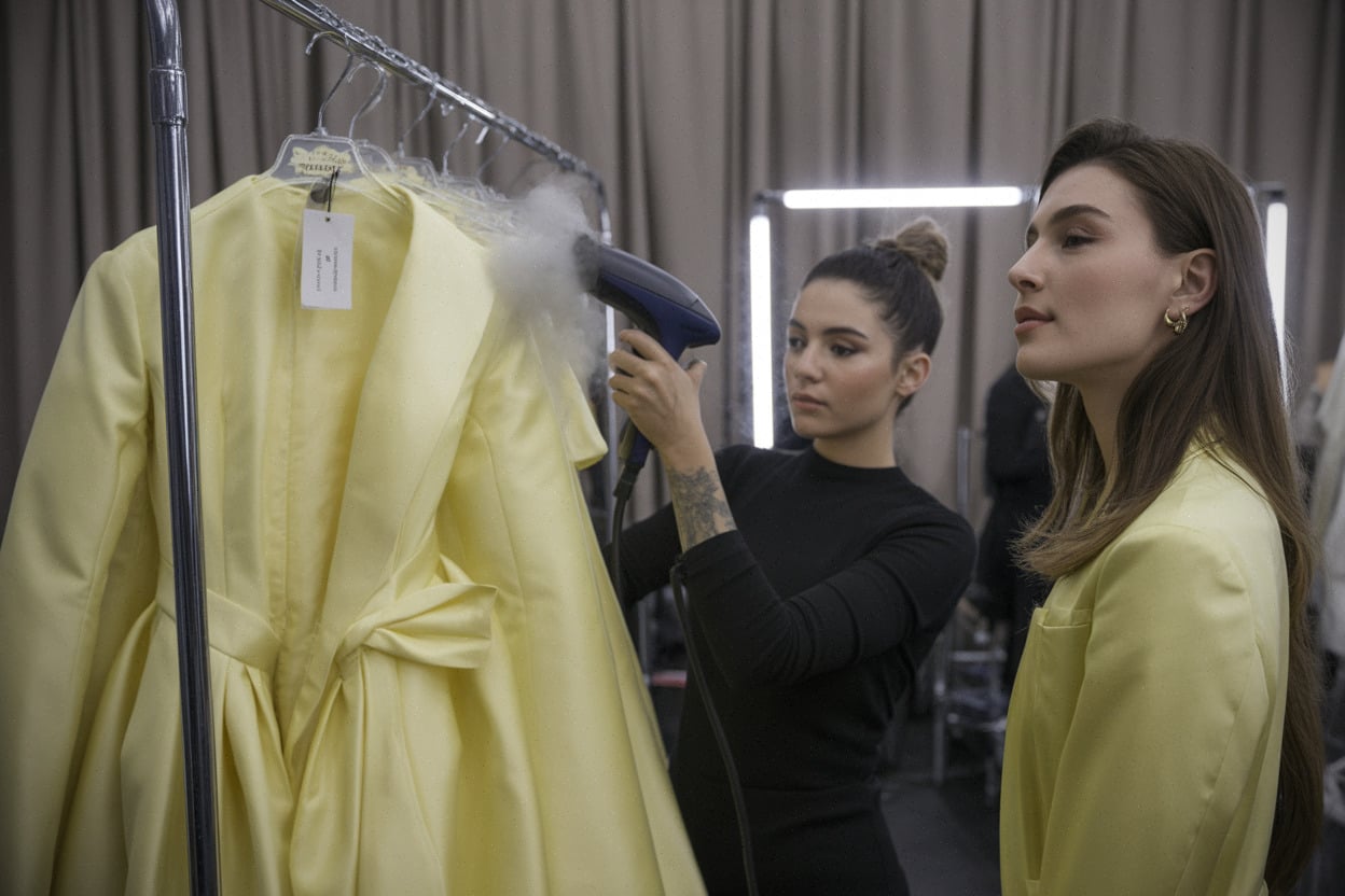 Backstage, robe jaune beurre en satin et finitions couture visibles