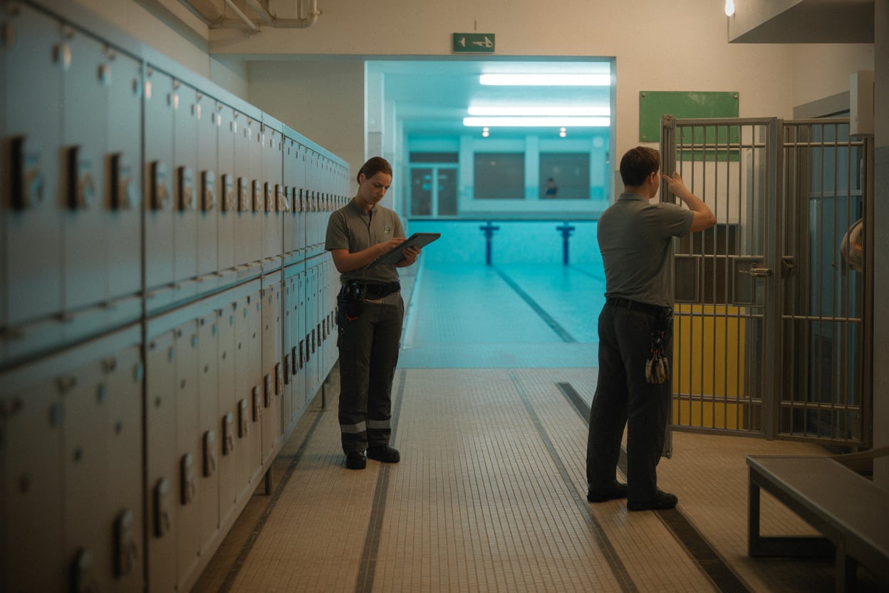 Vestiaires rénovés et circulations sécurisées de la piscine La Riviera