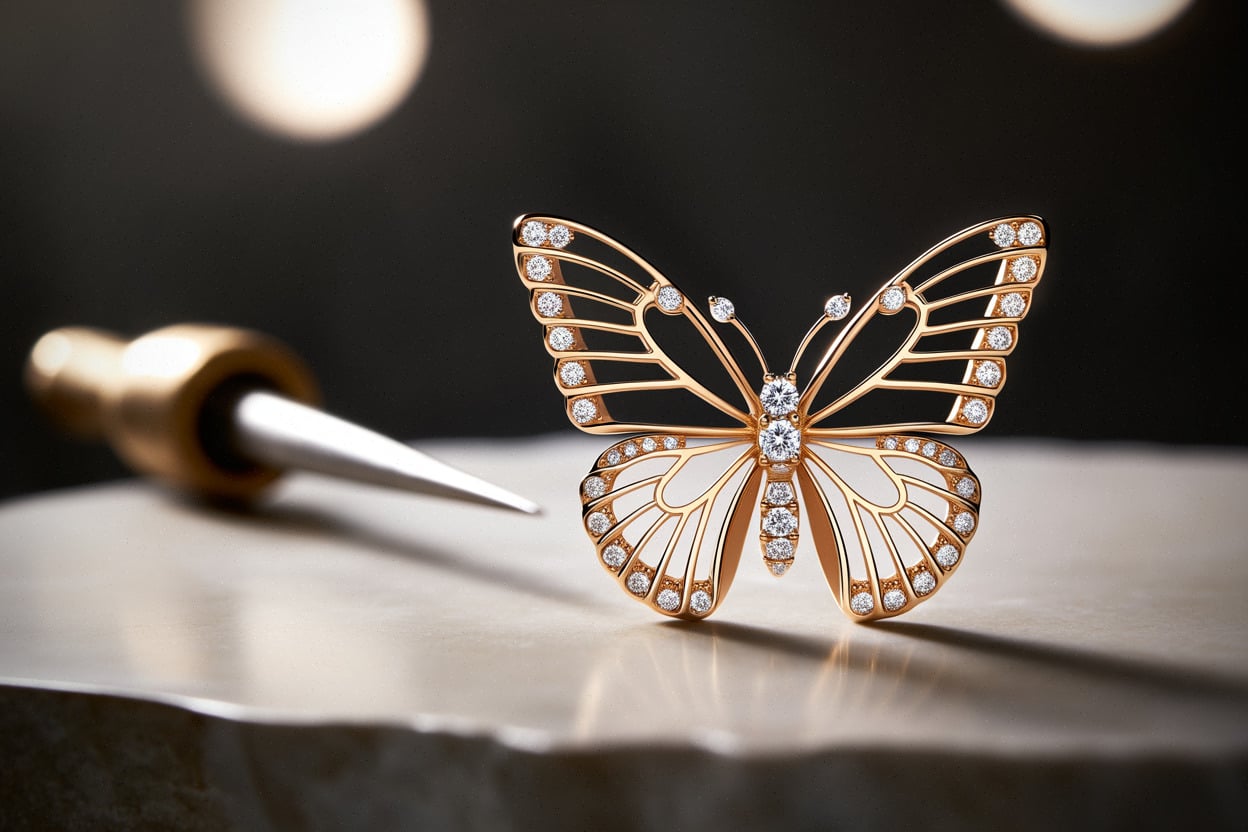 Gros plan d’un bijou papillon Graff au sertissage précis et articulé