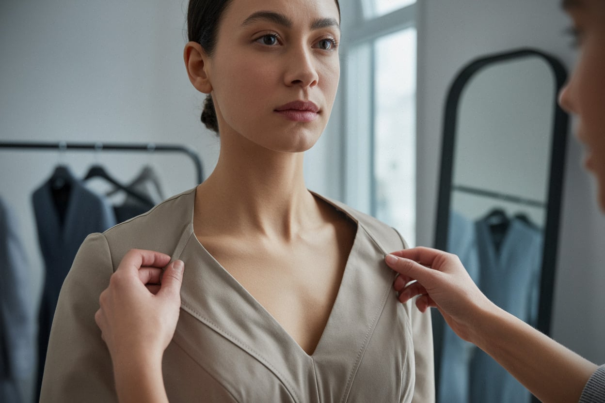 Gros plan sur décolleté en V et coutures nettes d’une robe.