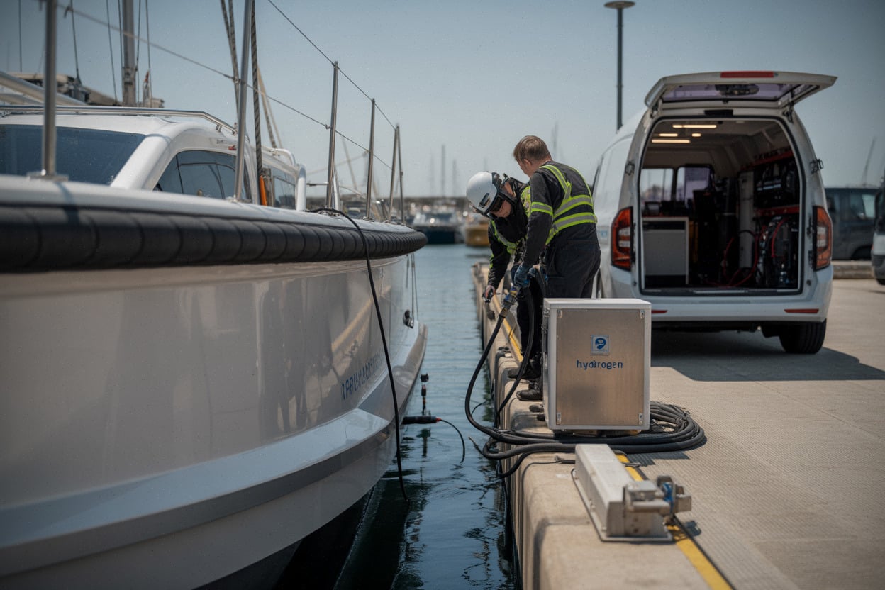 Essais hydrogène sur bateau prototype au port, techniciens en action