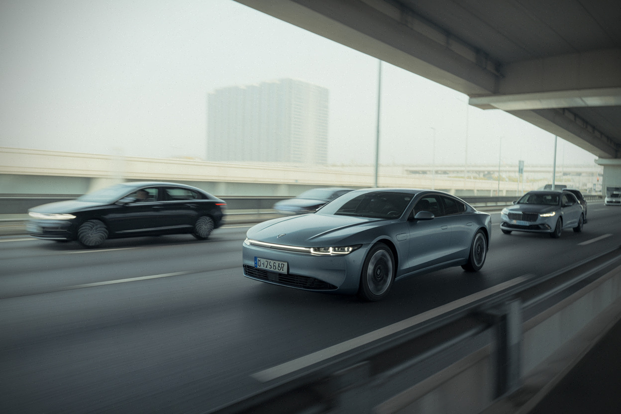 Berline électrique de luxe en conduite sur autoroute, performances et stabilité à vitesse élevée