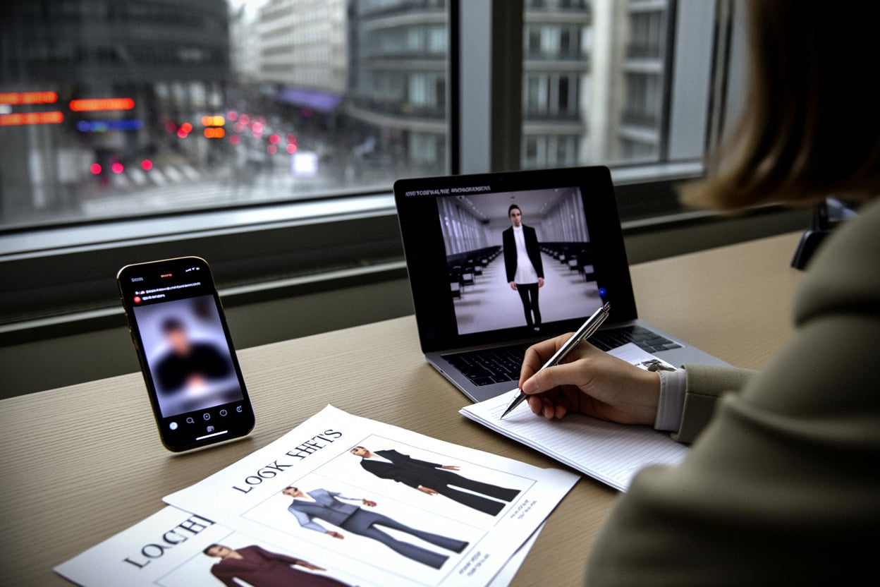 Journaliste analysant la vidéo du défilé Balenciaga sur ordinateur portable