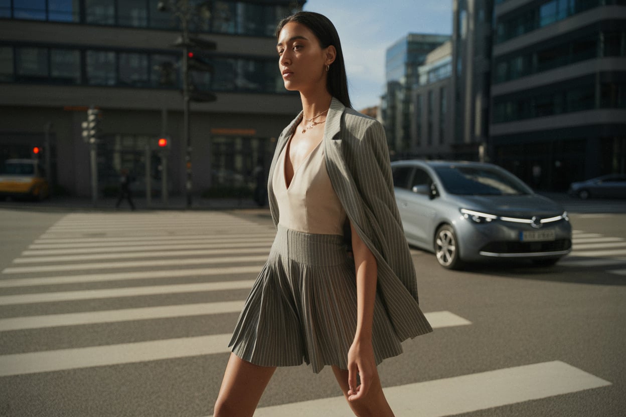 Femme portant robe col V avec blazer, look urbain quotidien.
