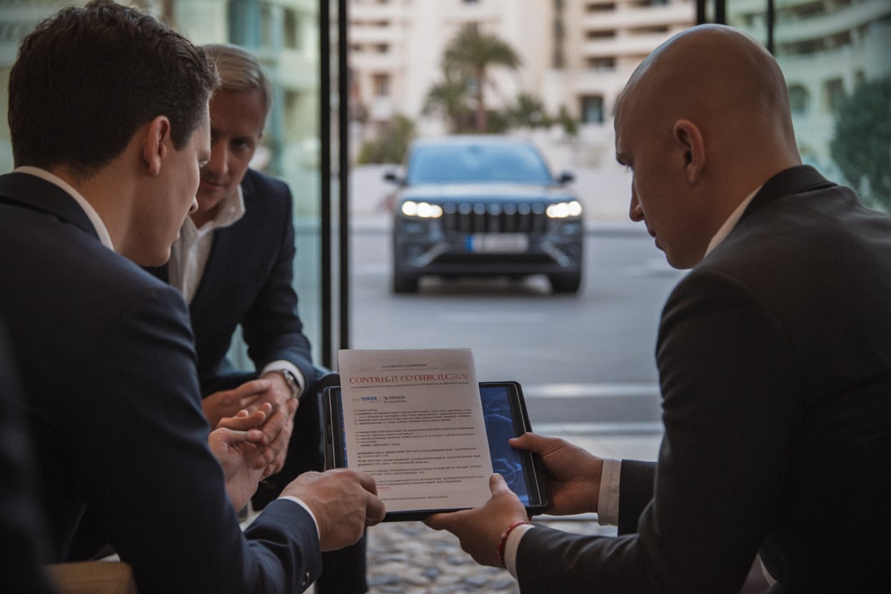 Négociation de transfert au lobby, documents et tablette, ambiance mercato à Monaco