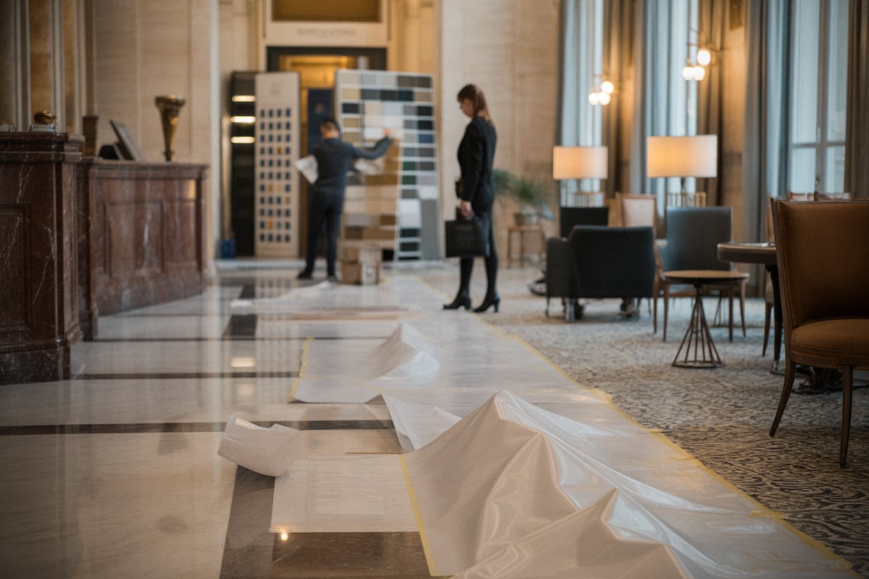 Lobby d’hôtel de luxe à Rome en rénovation partielle, clientèle présente