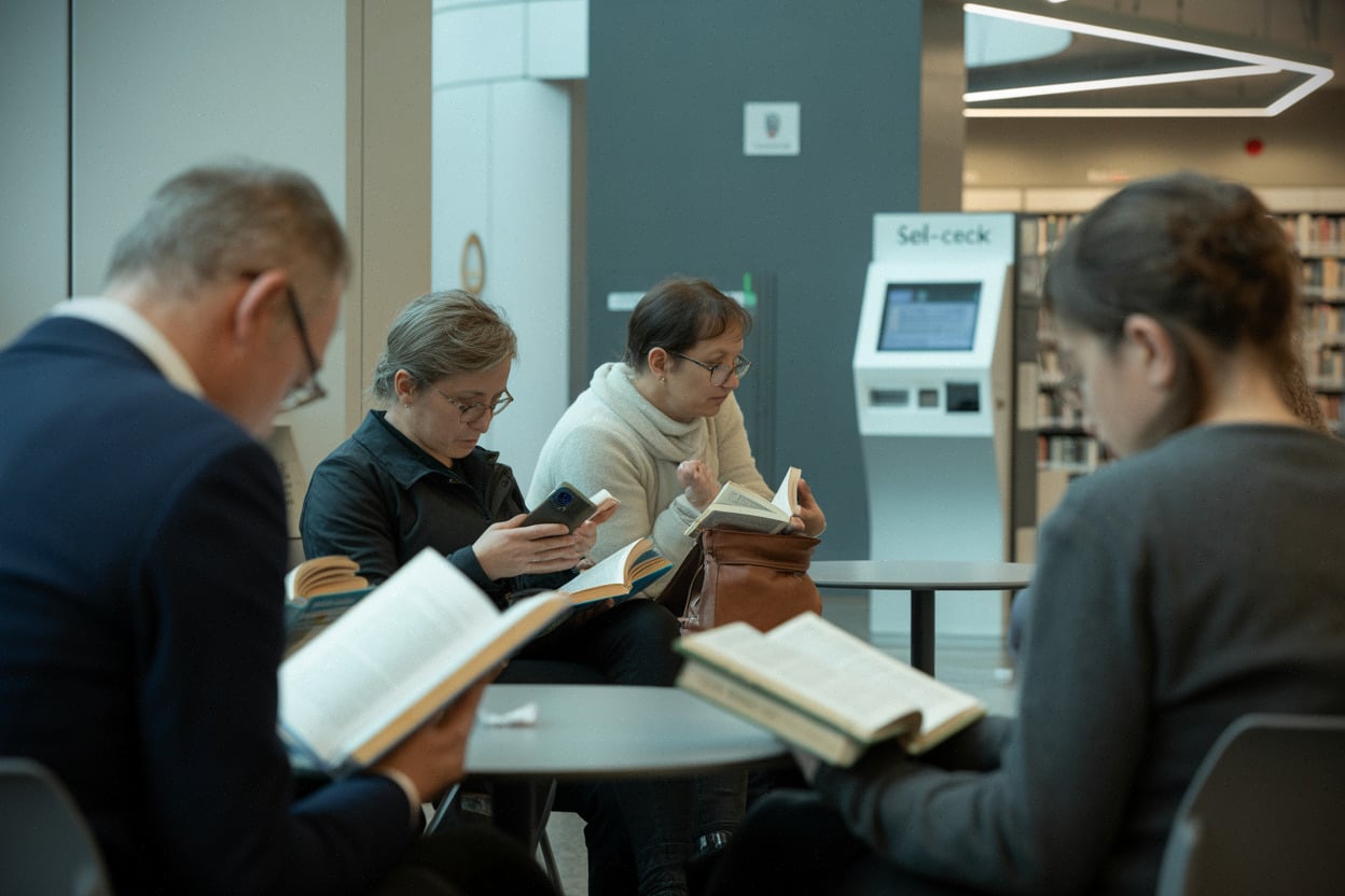Après-midi lecture silencieuse dans une médiathèque française, téléphones rangés