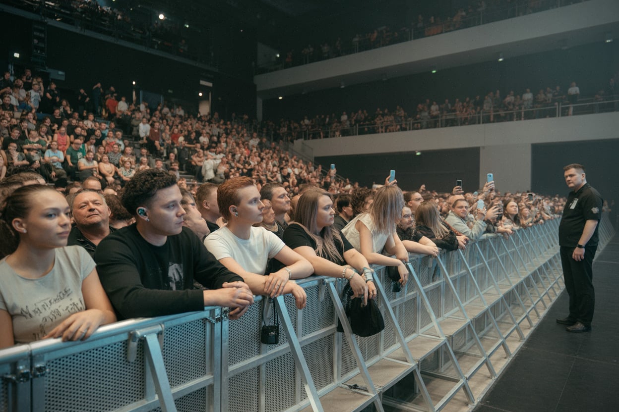 Salle de concert à Saint-Nazaire, foule dense au premier rang, sécurité visible