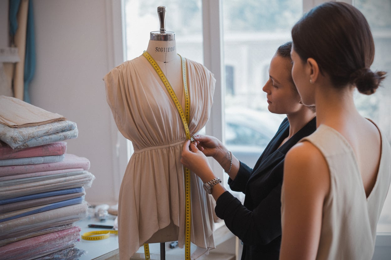 Retoucheuse ajustant une robe drapée dans un atelier français