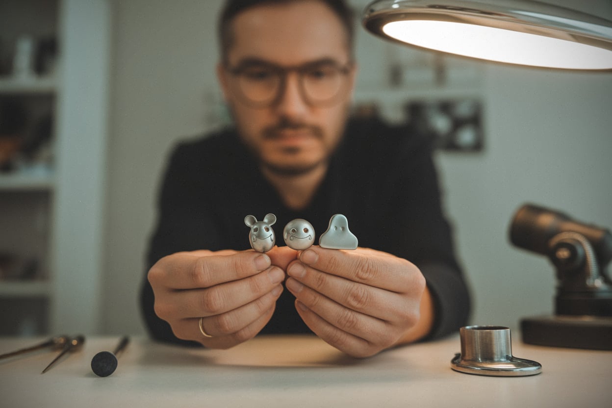 Bijoux inspirés de Pikachu, Snorlax et Ditto sur établi de joaillier