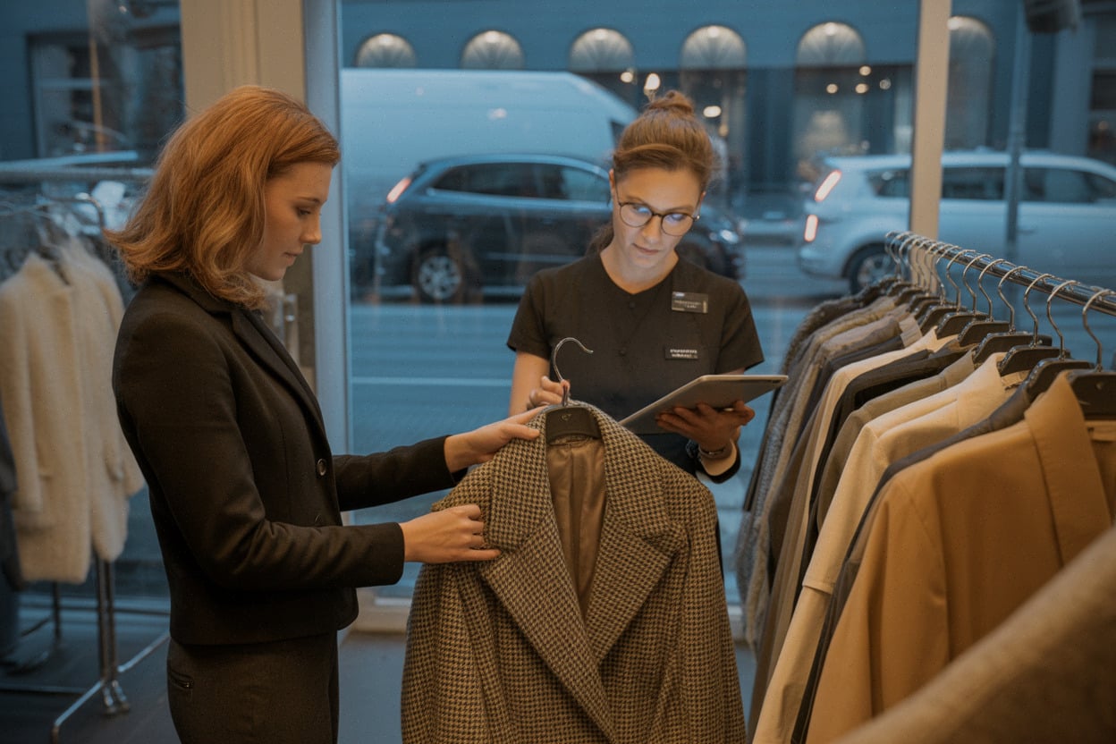 Client en boutique seconde main, alternatives au neuf pour les événements.
