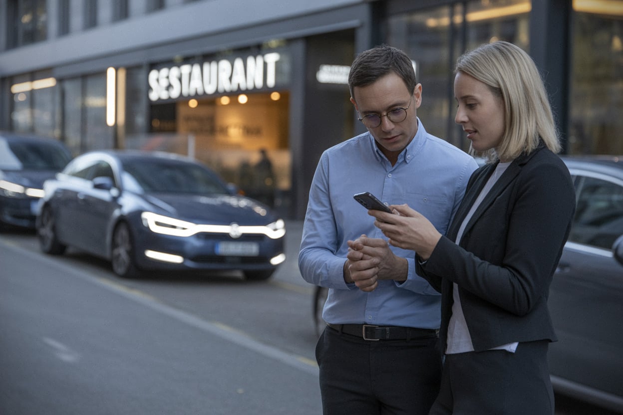 Clients consultent des avis en ligne devant un restaurant en Suisse