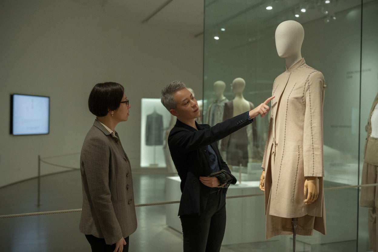 Mannequin de mode exposé au Mucem, visiteurs observant les détails