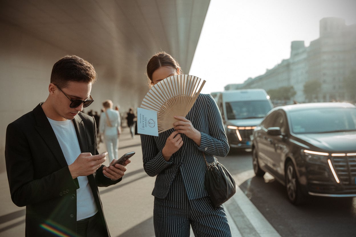 Invités de Fashion Week homme à Paris sous forte chaleur estivale.