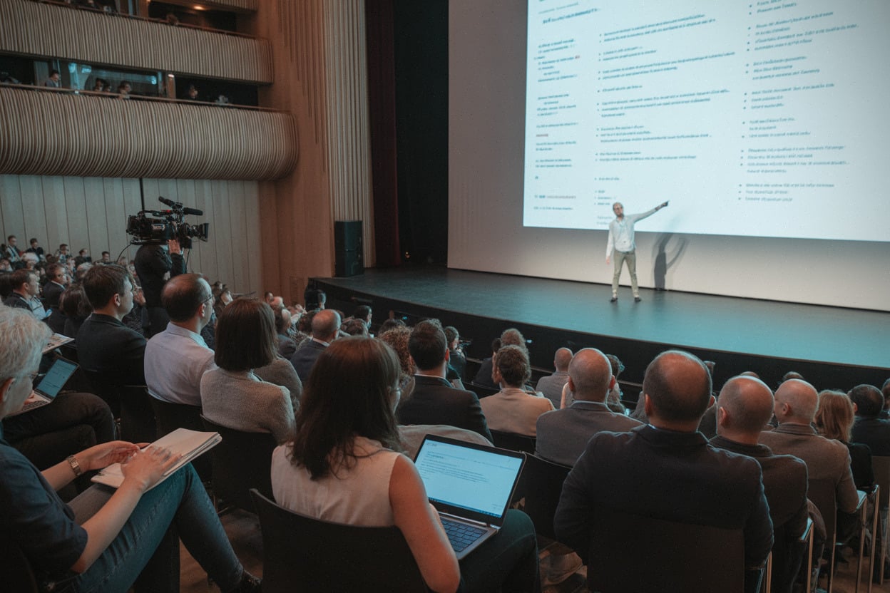 Présentation scientifique à Monaco sur cognition animale, public et écran flouté