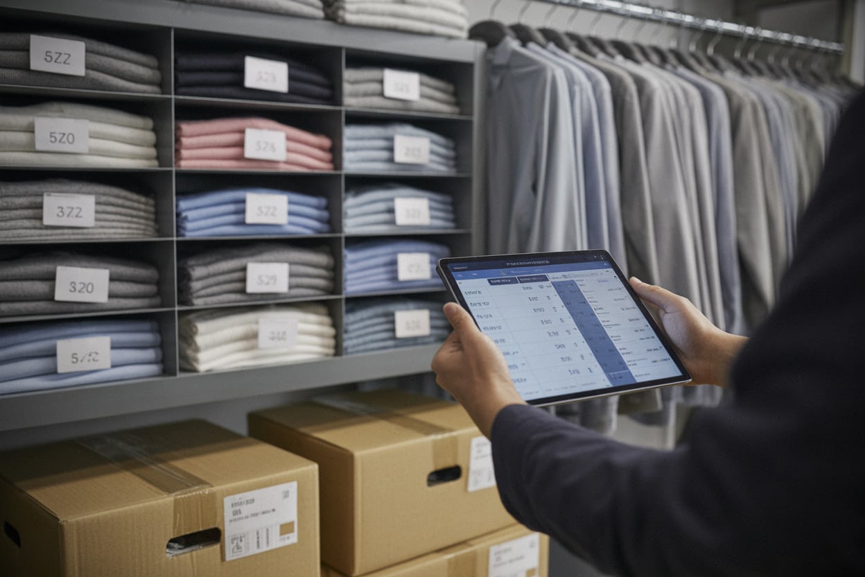 Gestion de stock montrant des tailles étendues moins disponibles en magasin