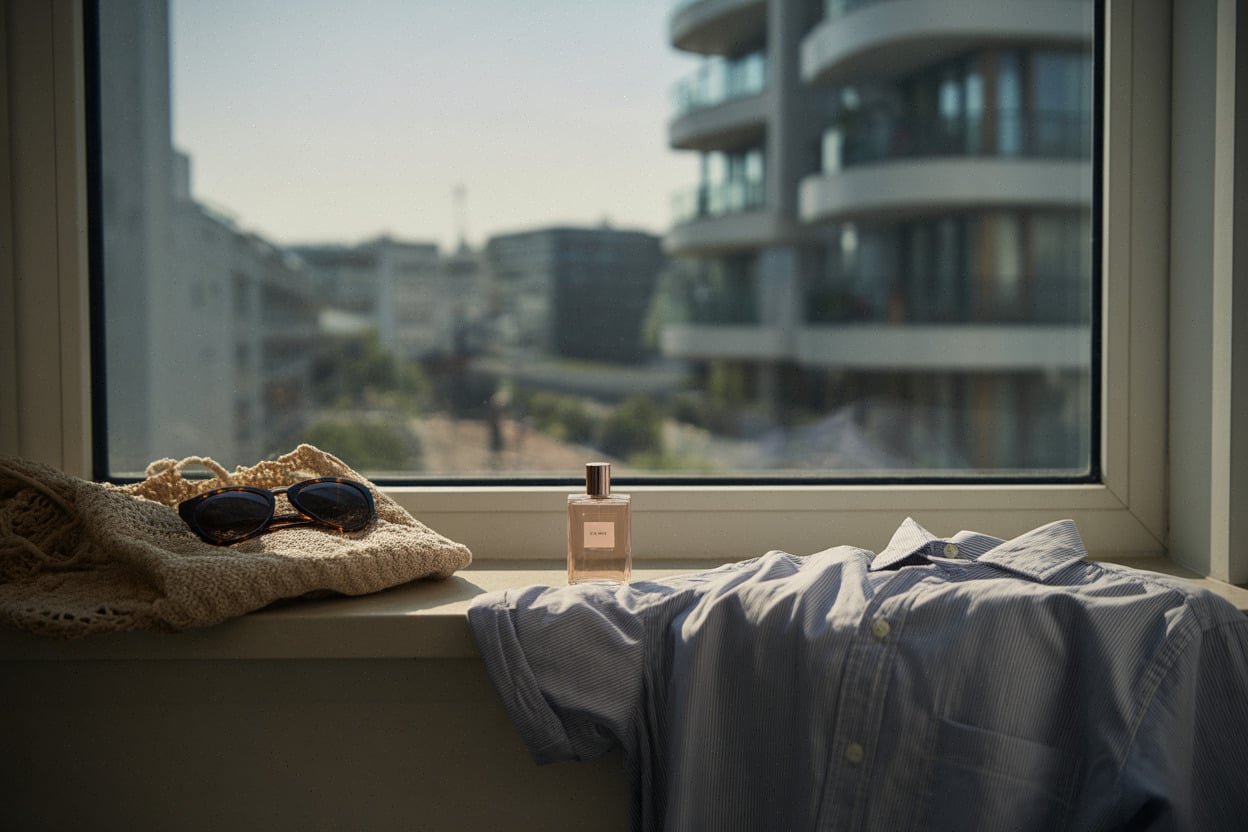 Parfum solaire sur rebord de fenêtre, accessoires d’été au retour vacances