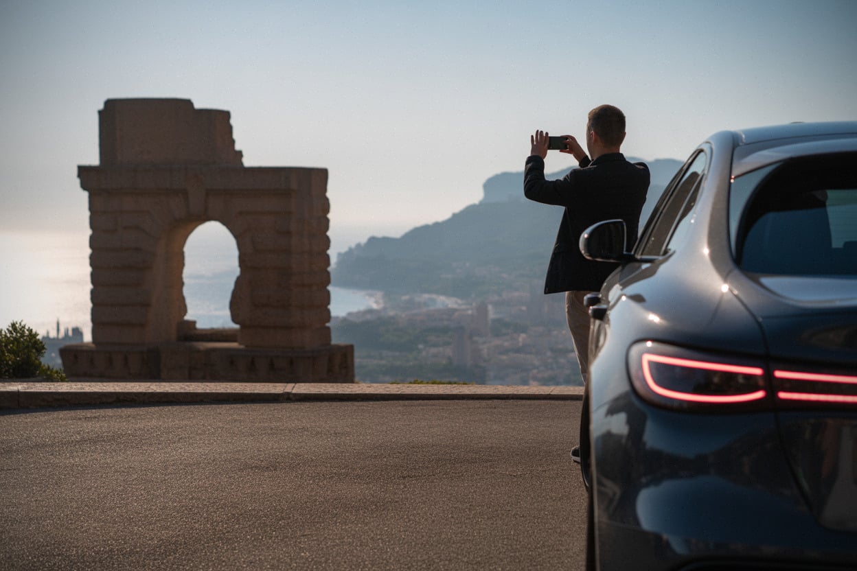 Panorama depuis La Turbie vers Monaco, patrimoine romain au premier plan
