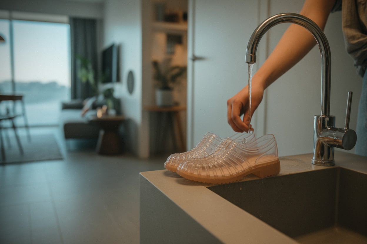 Entretien de jelly shoes, rinçage rapide et séchage facile à la maison