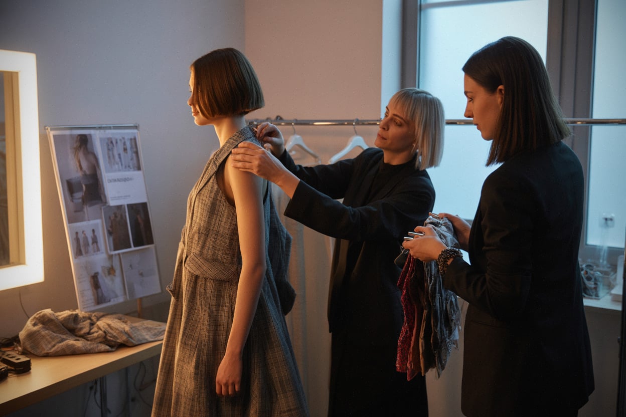 Coulisses d’un défilé à Moscou, créateur et mannequin en préparation
