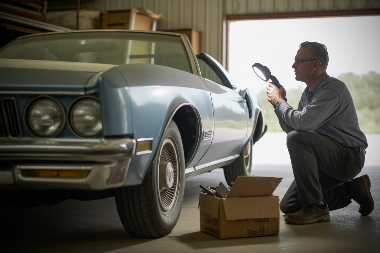 Prototype de Buick Riviera examiné dans une grange poussiéreuse