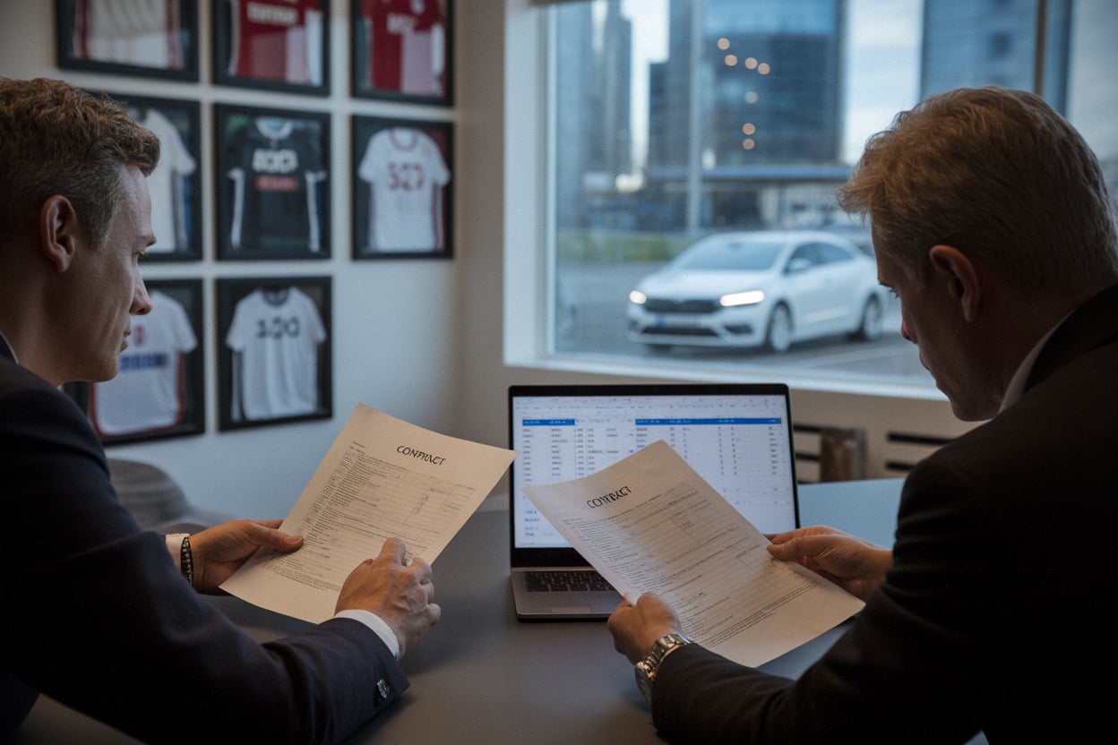 Dirigeants en réunion, documents contractuels et ordinateur, au siège d’un club.