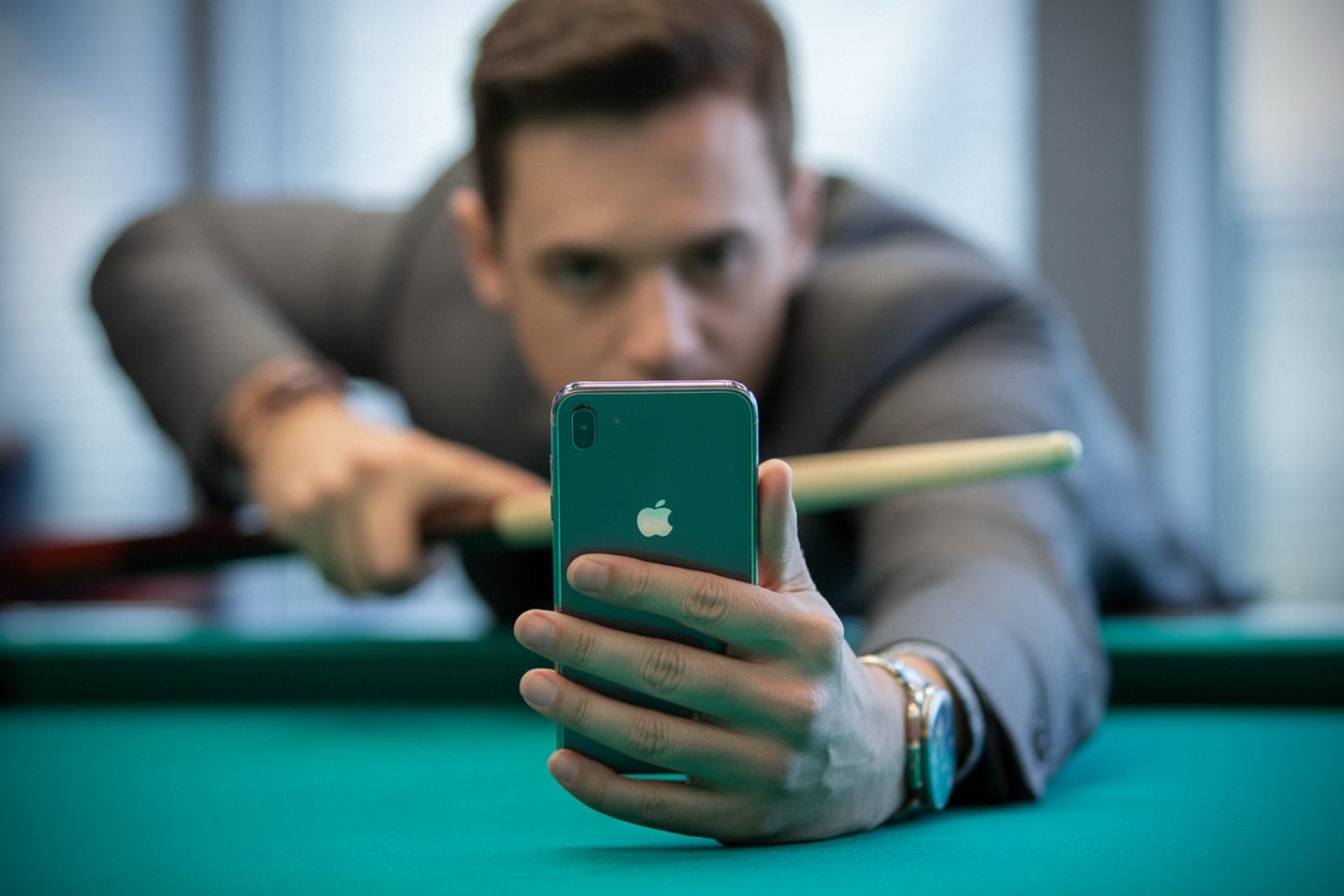 UltraPool sur iPhone, interface de tir et table de billard en arrière-plan