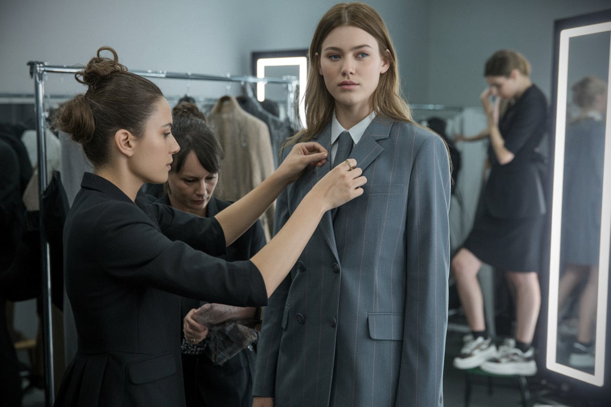 Backstage, détails d’uniforme revisités sur une silhouette automne-hiver contemporaine