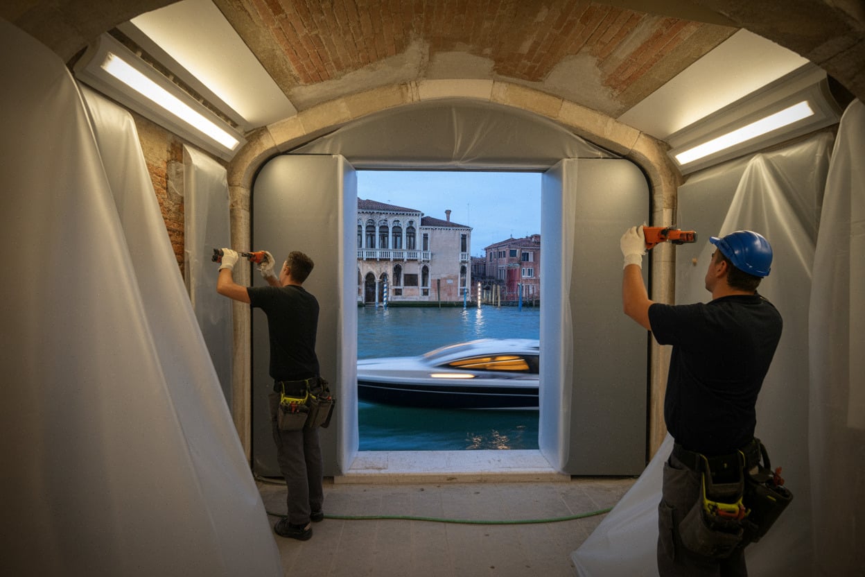 Chantier de rénovation patrimoniale à Venise avec artisans et logistique complexe
