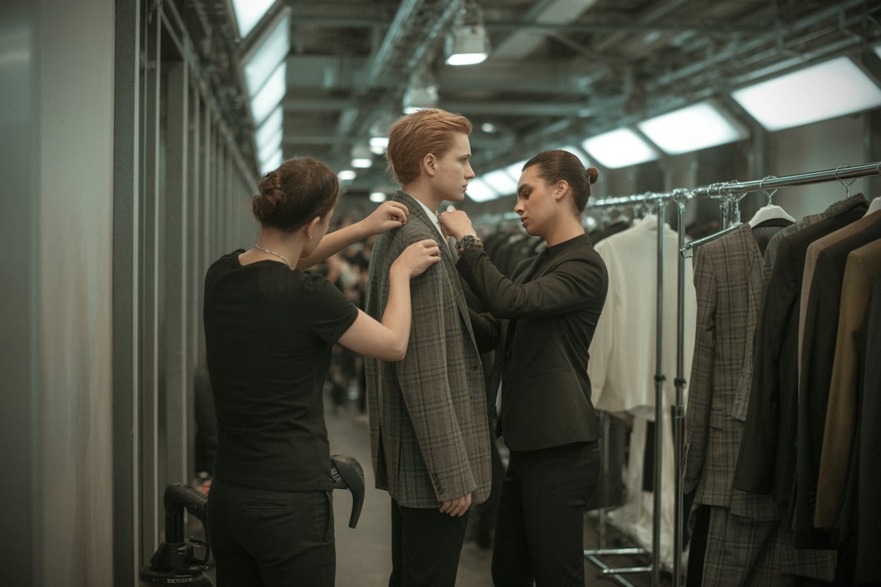 Coulisses d’un défilé homme à Paris, préparation des silhouettes.