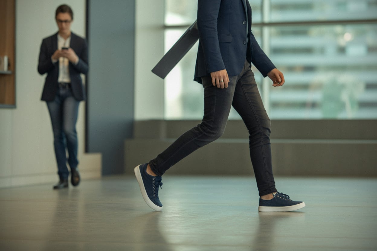 Baskets bleu nuit associées à un jean pour une tenue bureau