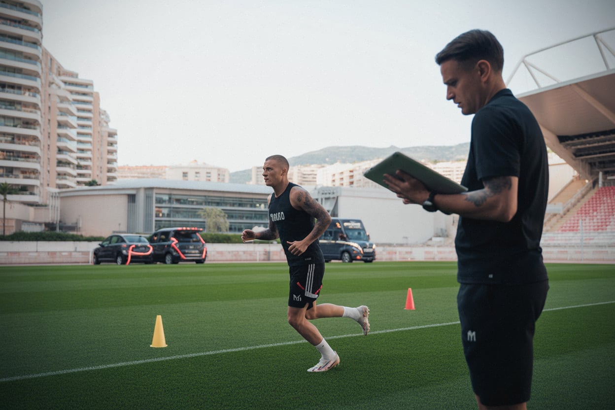 Séance d’entraînement à Monaco, staff et joueur sur le terrain