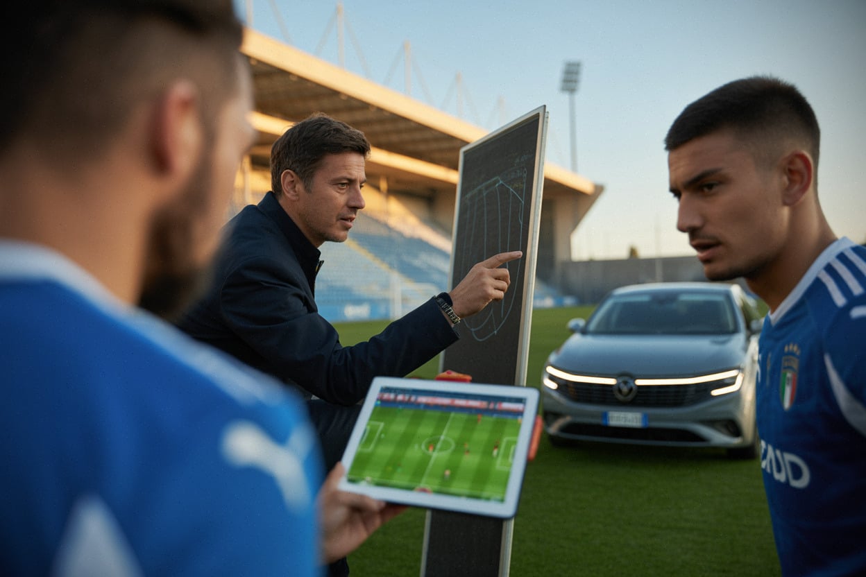 Staff italien analysant un tirage, préparation tactique sur tablette