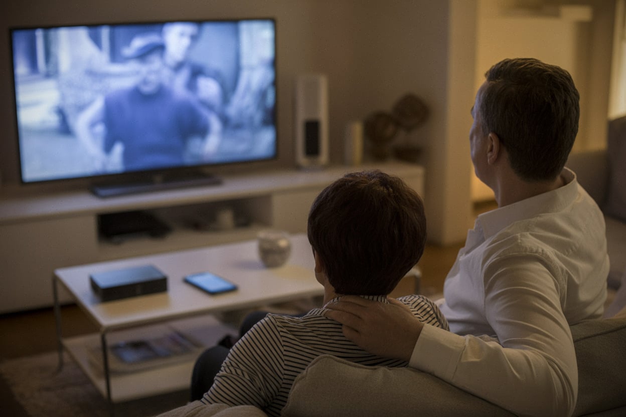 Téléspectateurs regardant House of Gucci sur une chaîne cinéma à la maison