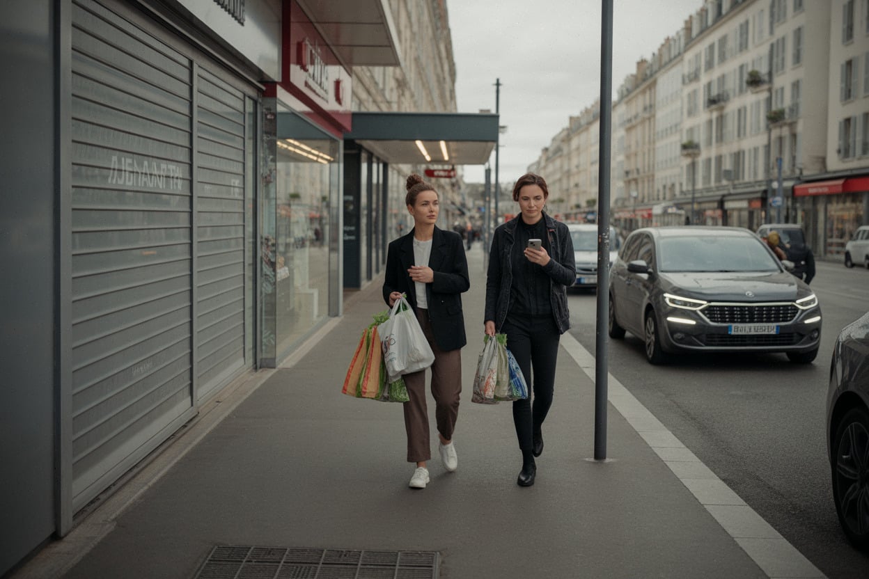 Rue commerçante de centre-ville avec boutique fermée et passants en journée