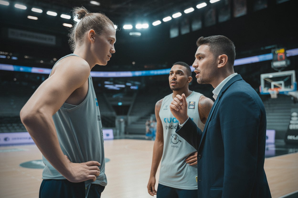 Entraînement de basket avec staff et joueurs dans une salle moderne